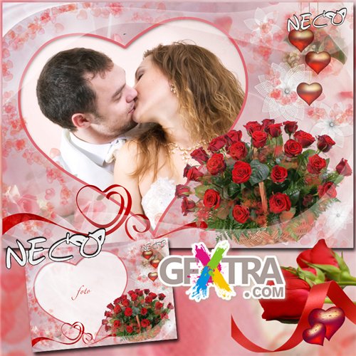 Romantic frame with a basket of red roses