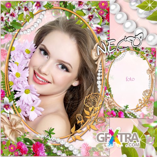 Flower frame with orchids, pearls and a gold oval frame