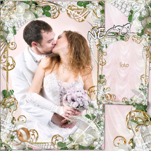 Wedding frame with white roses, pearls and rings - Be always with me