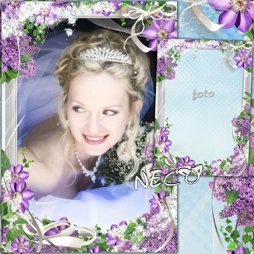 Flower - Wedding frame in lilac tones with bows and rhinestones - Delicate scent of lilacs