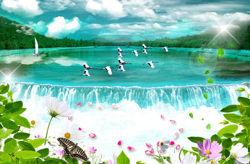 Sources - The Cranes Are Flying over waterfall