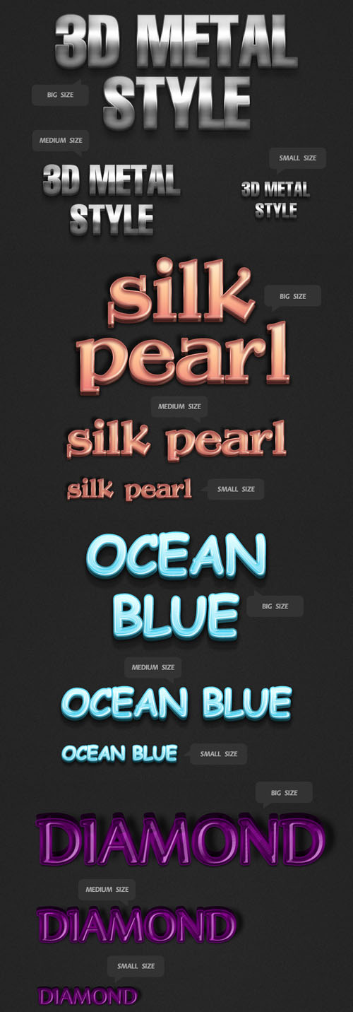 3D Diamond, Metal, Shell Pearl and Ocean Blue Text Styles