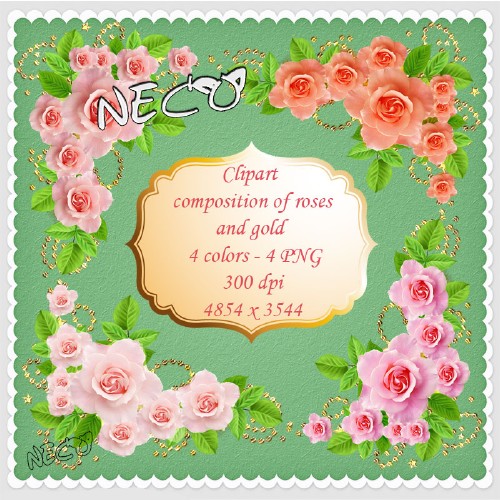 Clipart - composition of roses and gold - 4 colors - 4 PNG