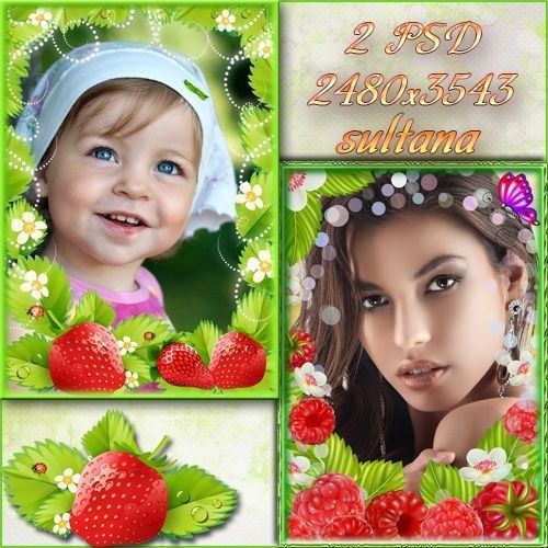 Photo frames with berries - raspberries and strawberries