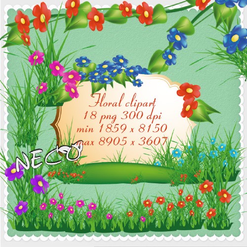 Floral clipart with flowers, grass glades - PNG