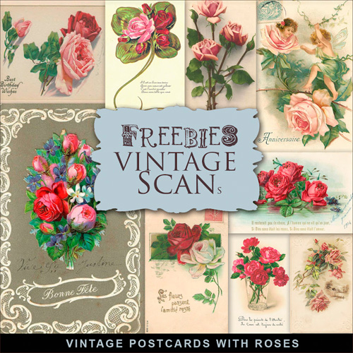 Romantic Scrap-Kit - Vintage Postcards with Roses - PNG Images For Creative Design