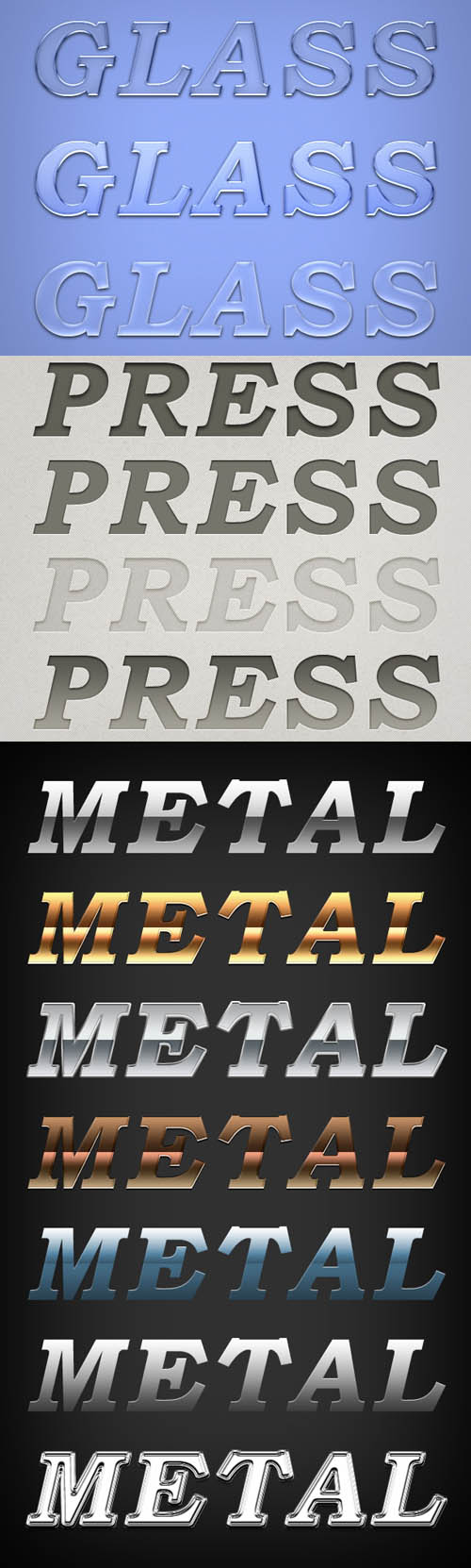 Letterpress, Glass and Metal Styles