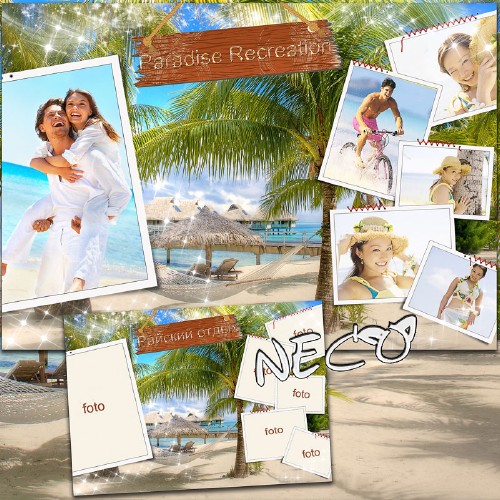 Collage Frame with palm trees on the five photos - Paradise vacation at the beach