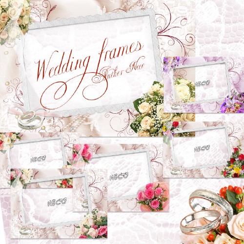 A set of six frames with flowers wedding rings PNG