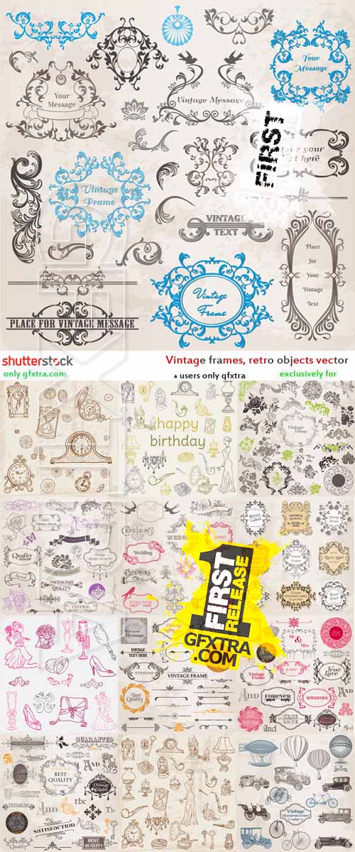 Vintage frames, retro objects, signs, patterns, wedding and holiday vector