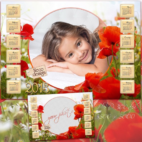Summer Calendar for 2013 with poppies with a frame for photos - Vibrant colors of summer