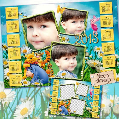 Bright summer calendar for children  on the three photos on the 2013