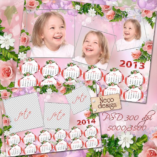 Stylish floral calendar for three photos on the 2013 and 2014