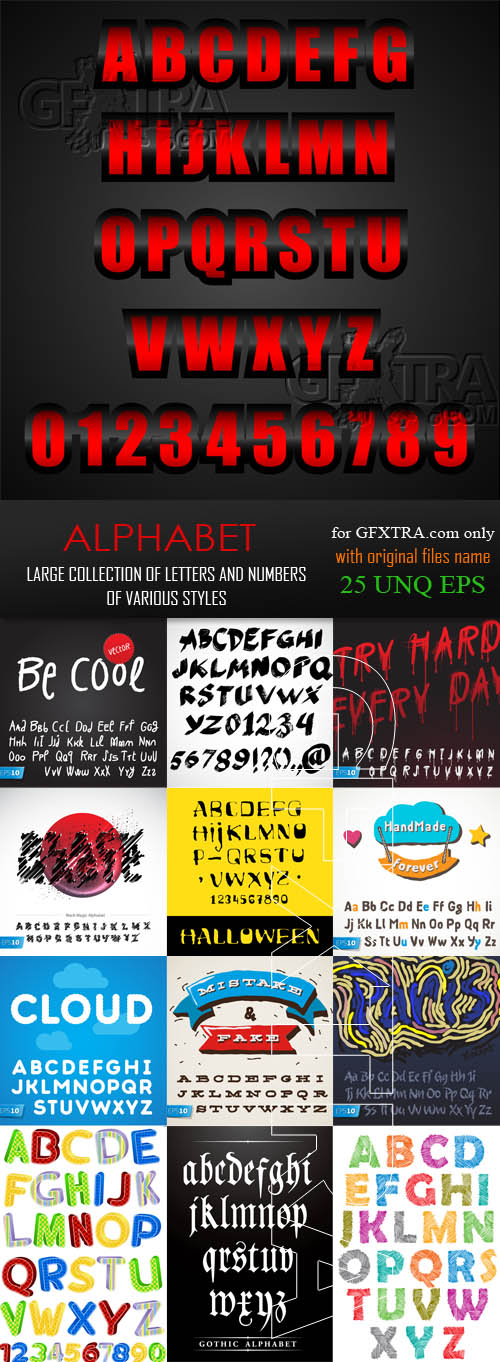 Alphabet. Large collection of letters and numbers of various styles, 25xEPS