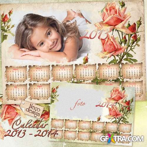 Calendar - frame in vintage style with flowers for 2013 - 2014 год