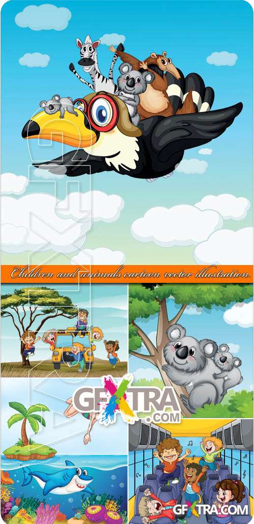 Children and animals cartoon vector illustration