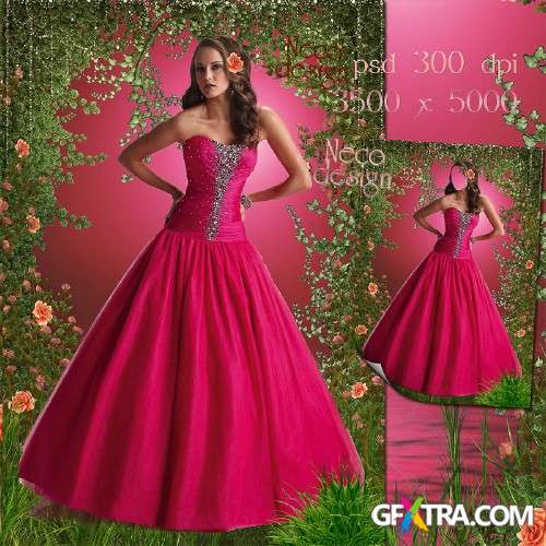 Female template - In the ballroom a pink dress in the rose garden