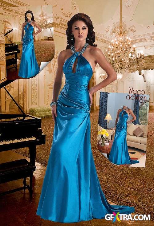 Female pattern - In the blue evening dress with a grand piano in the living room