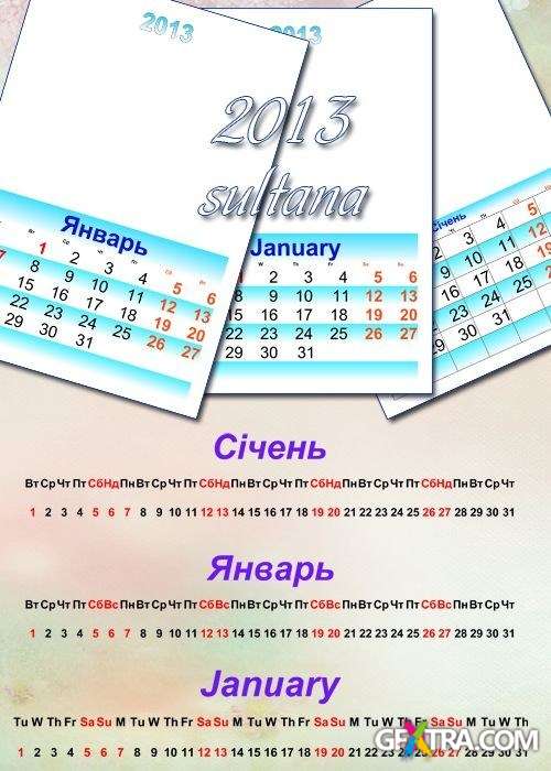 Calendar grids for each month in 2013 in the Russian, Ukrainian and English