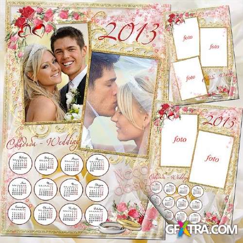 Wedding gentle calendar two photos with rings flowers and hearts for 2013