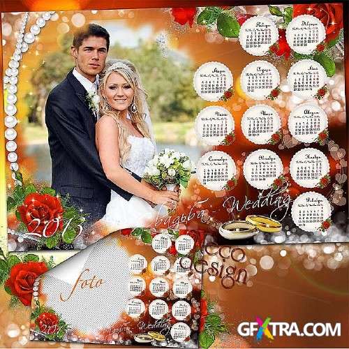 Wedding calendar with lush red roses for 2013 with a frame for photo