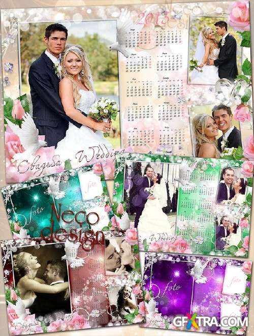 Universal wedding calendar for three photos with roses and doves