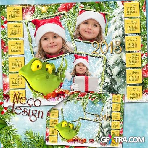 New Year's calendar collage frames on three photo - Christmas gifts with snake