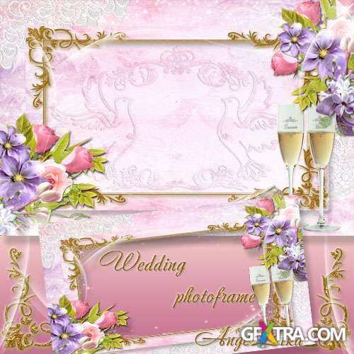 Wedding Photoframe - Pigeons, Flowers and Champagne Glasses