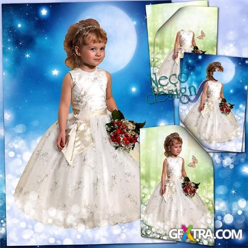 Children's template for a little girl in a white dress with a bouquet - Among the stars