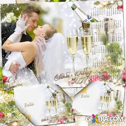 Wedding New Year's calendar with a big frame Christmas balls and champagne
