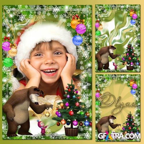 Frame with Masha and  Bear - we dress up a New Year tree