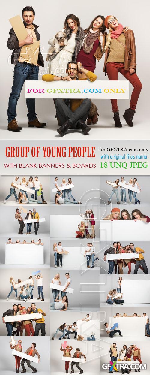 Group of young people with blank banners and boards, 18xJPEG