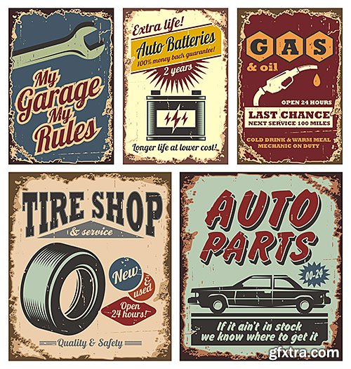 Old-fashioned posters of sixties, auto shop - Vector