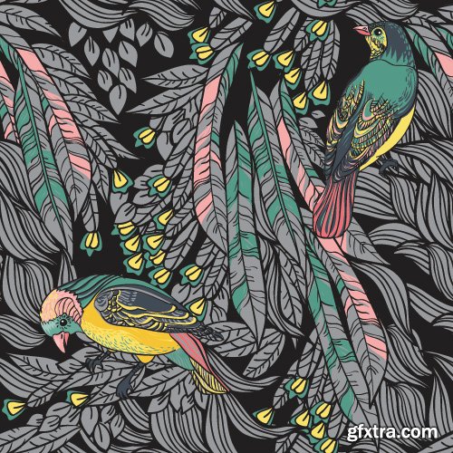 Decorative patterns with flowers and birds