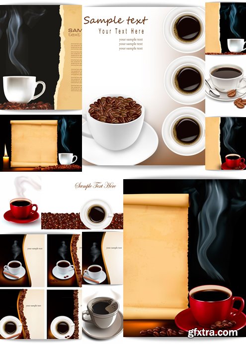 A hot cup of coffee, a cup of red and white, coffee beans, background or banner advertising, restaurant and coffee shop - Vektor photo