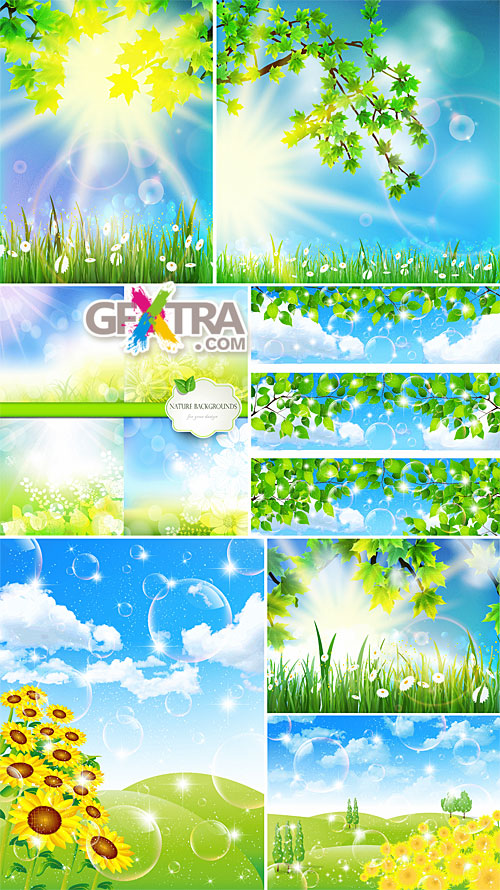 Nature backgrounds with leaves, grass and sky