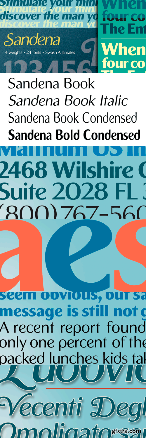 Sandena 4 Weights, 24 Fonts with Swash Alternates
