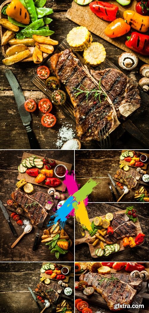 Stock Photo - Grilled Steak on Wooden Background
