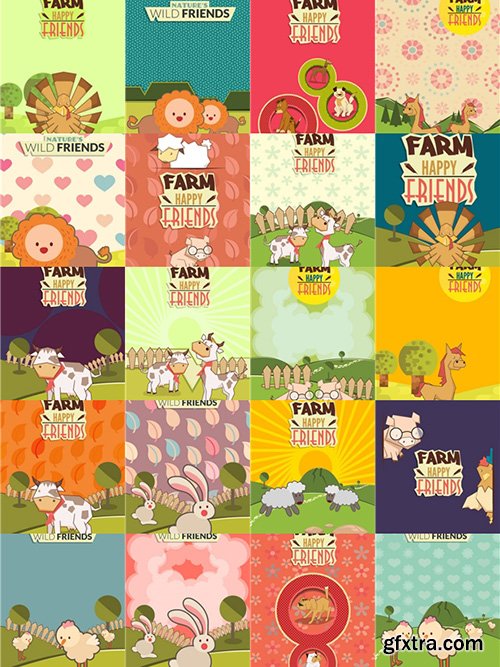 Cute Wild and Funny Animals Illustrations Pack 100xEPS