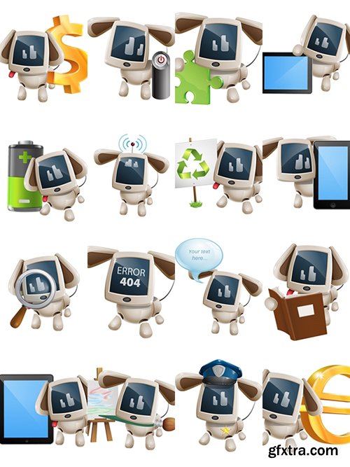 Cute Dog Robot Cartoon Character Set