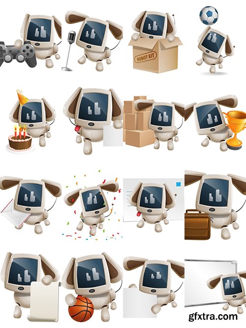 Cute Dog Robot Cartoon Character Set