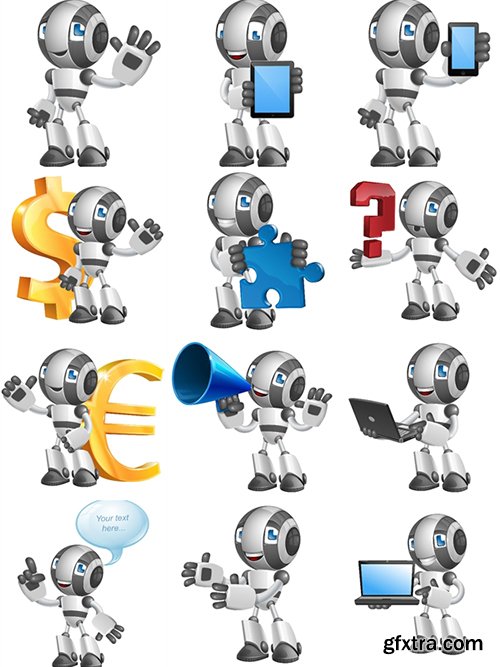 Glossy Robot Cartoon Character Set