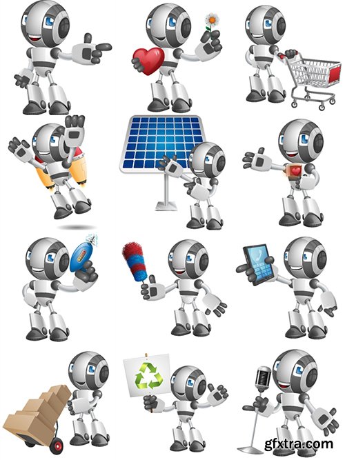 Glossy Robot Cartoon Character Set