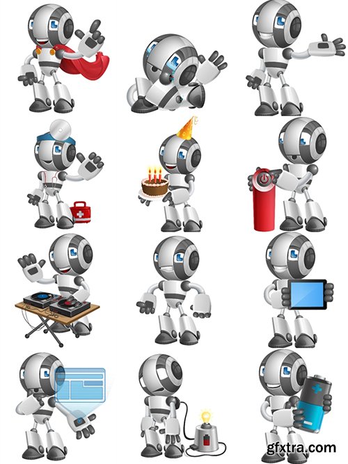 Glossy Robot Cartoon Character Set
