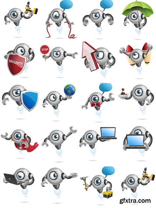 Flying Robot with Wrench Hands Cartoon Character Set