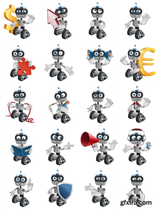 Robot on Wheels Cartoon Character Set[