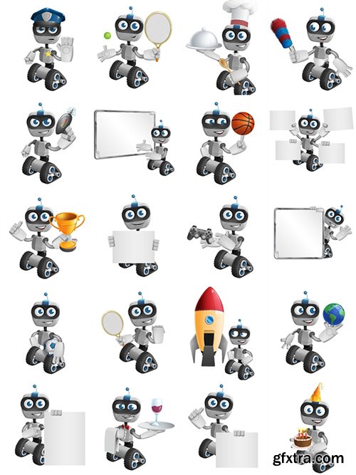 Robot on Wheels Cartoon Character Set[