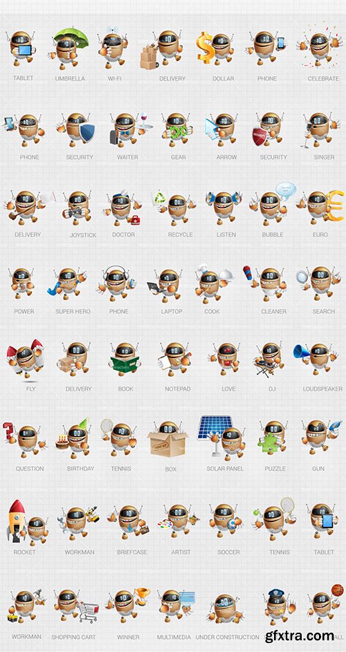 Cute Robot Cartoon Character Set