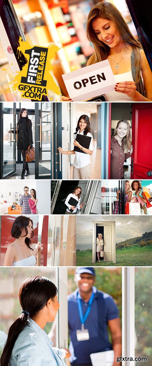 Stock Photo Girl opening door Stock Photo Girl opening door