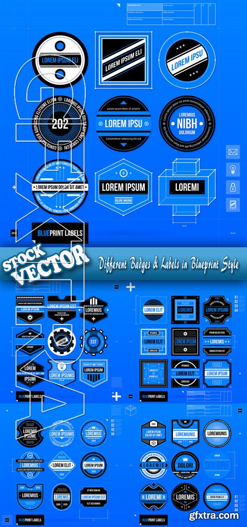 Stock Vector - Different Badges & Labels in Blueprint Style